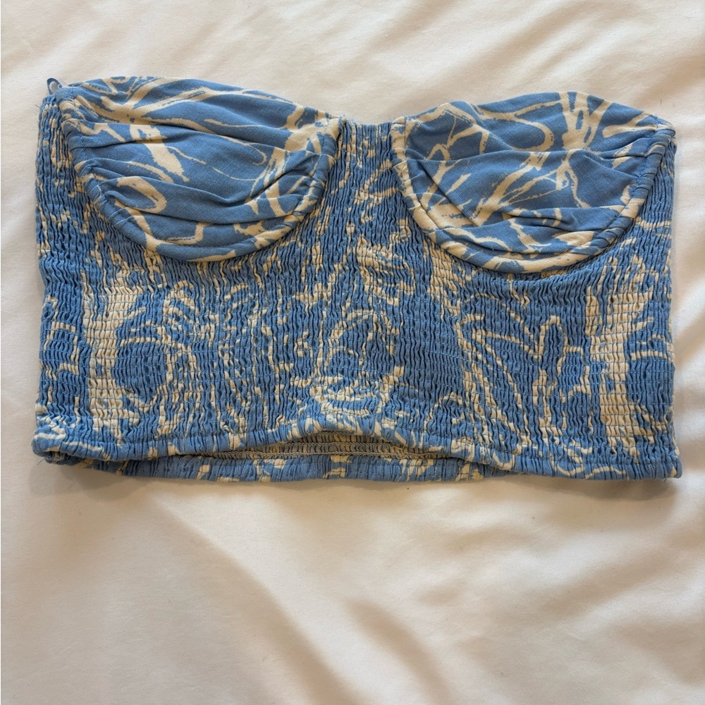 Zara Blue and Cream Smocked Top